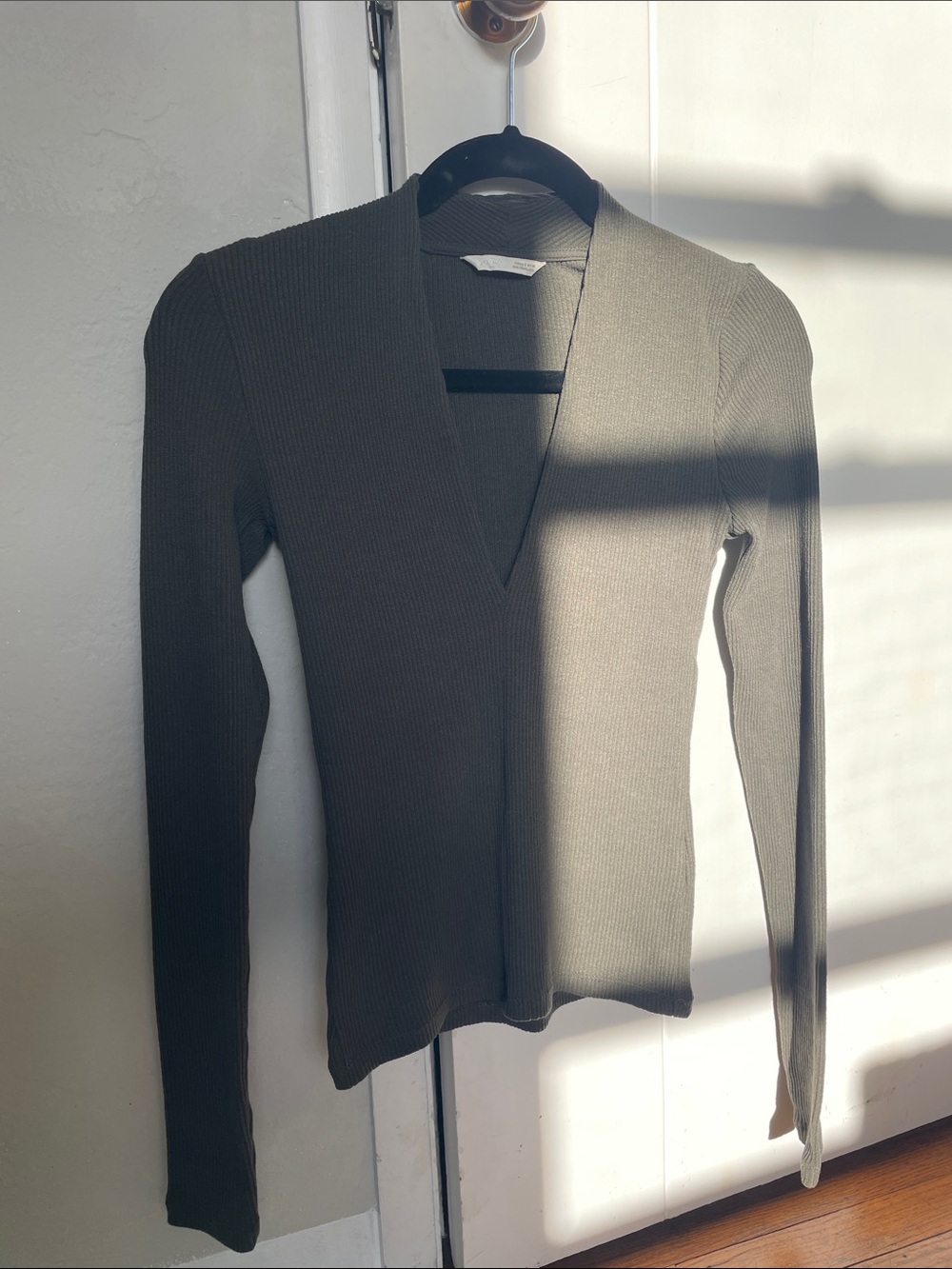 Zara Ribbed V-Neck Long Sleeve Top in Olive